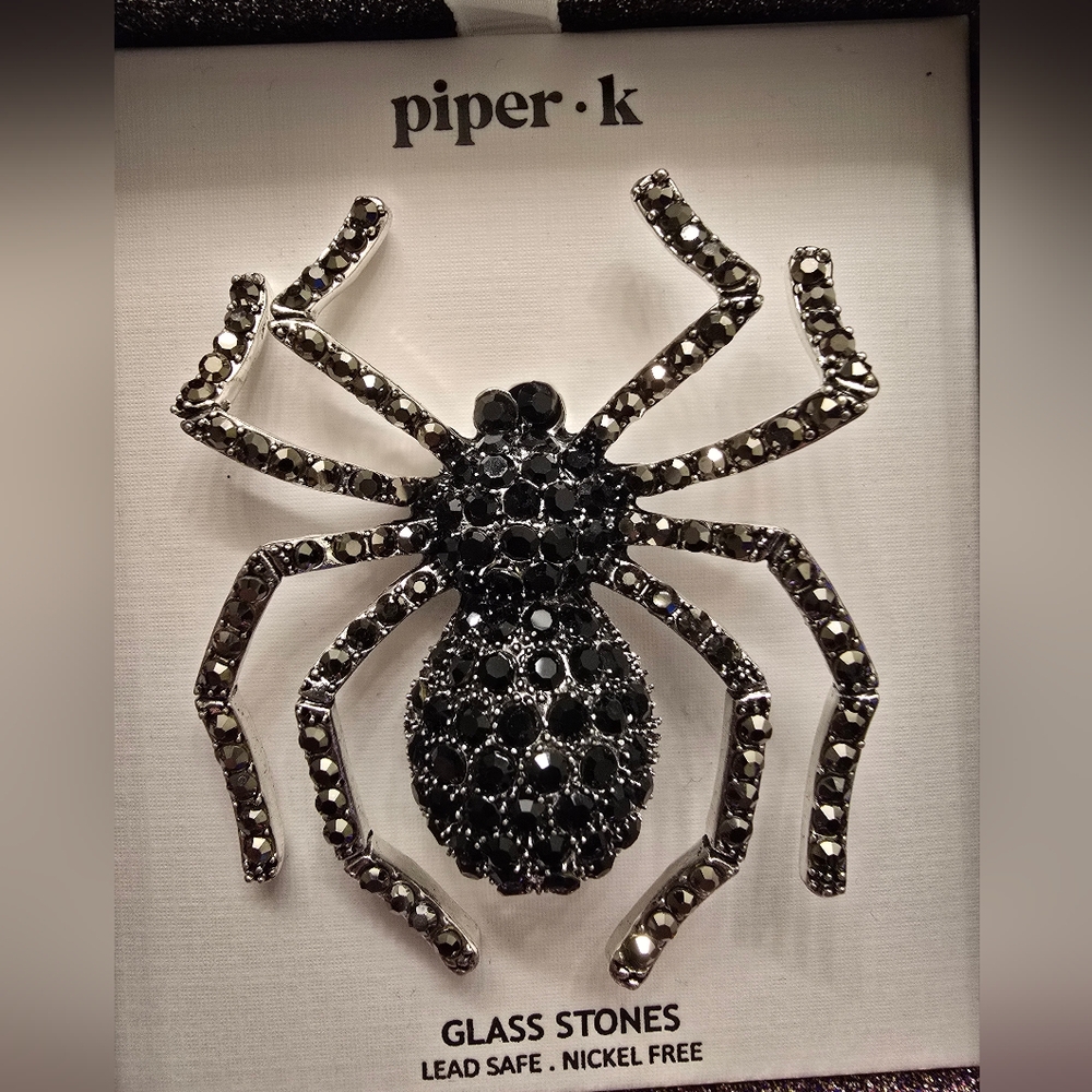 Piper K Black Spider Brooch glass stones NIB